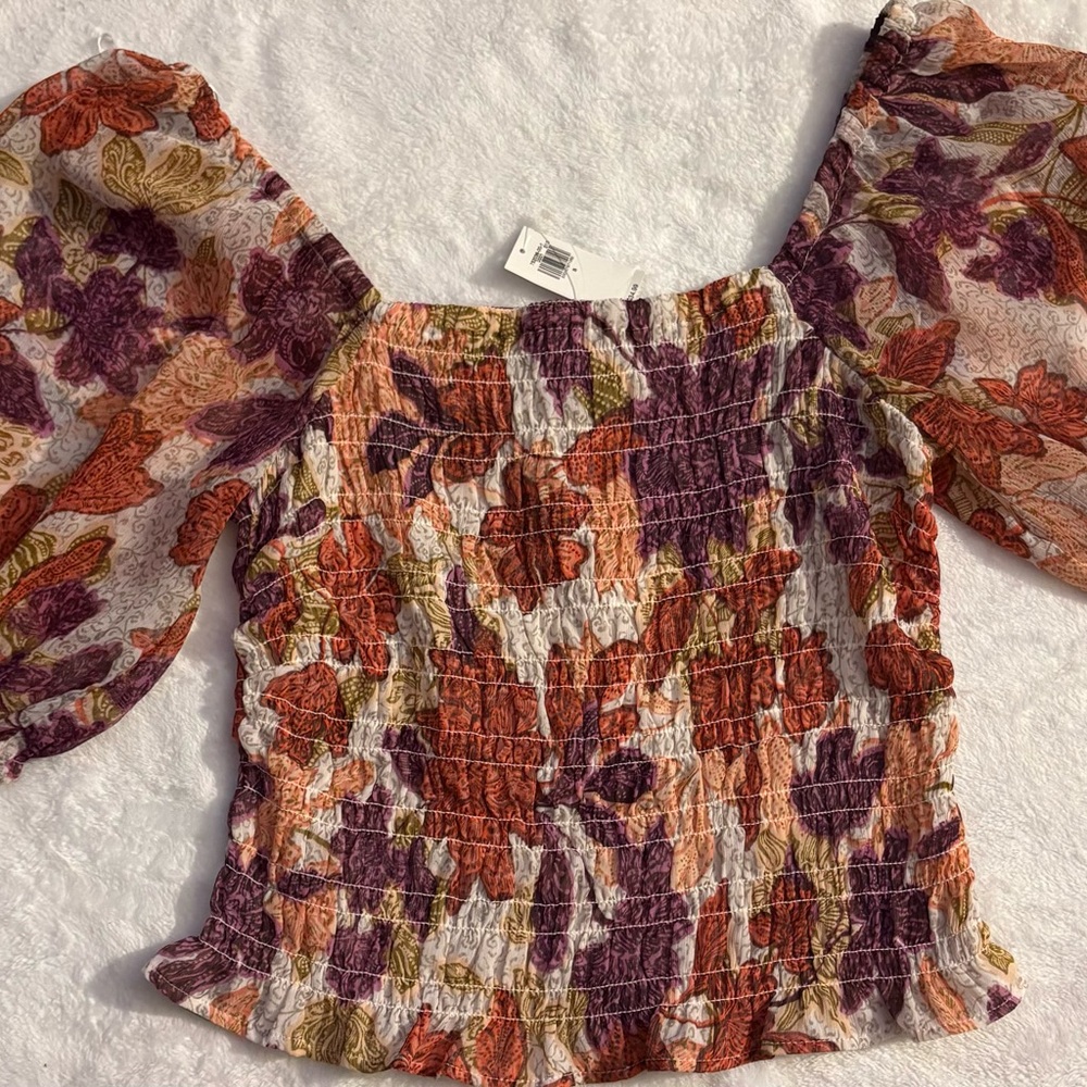 Old Navy Orange and Red Smocked Puff Sleeve Blouse
